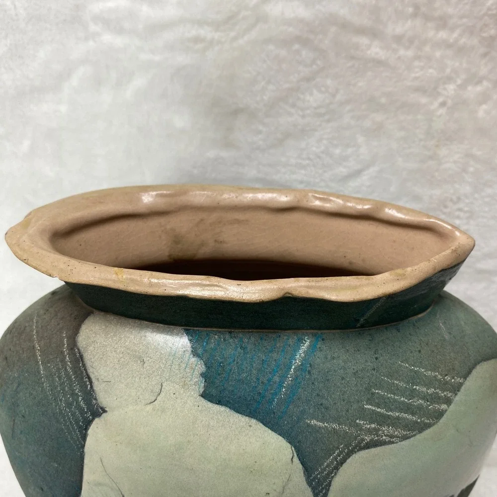 Unique Pottery Ceramic Signed Vase Abstract Design‎ Nude Couple Textured Base